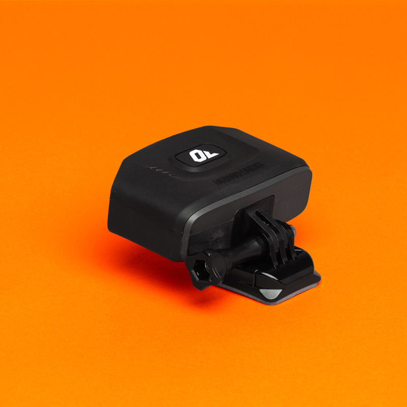 Portal bike helmet light rear three-quarter view with the helmet mount attached