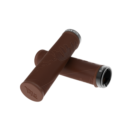 TITLE MTB FORM XL lock-on grips in Dark Brown, angled detail view